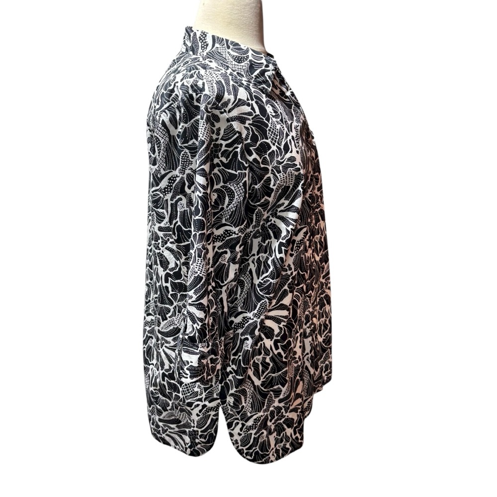 Black and White‎ Abstract Floral Button Down Tunic Shirt 3/4 Sleeve Top #799 - Picture 5 of 11